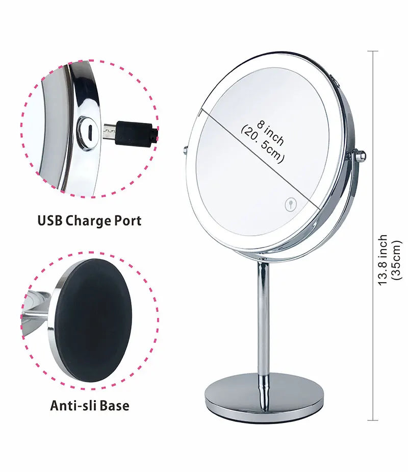 8 Inch 10X Magnifying LED Makeup Mirror - Double-Sided with 3 Color Light Touch Switch, USB Charging, Desktop Vanity Cosmetic Mirror