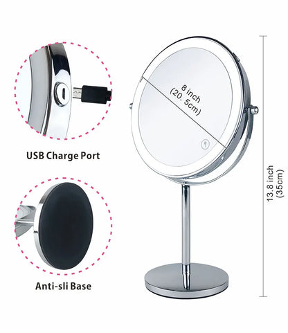 8 Inch 10X Magnifying LED Makeup Mirror - Double-Sided with 3 Color Light Touch Switch, USB Charging, Desktop Vanity Cosmetic Mirror