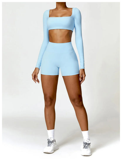 Hearuisavy 2PCS Long Sleeve Gym Set for Women, Quick-Drying Yoga Clothes, Sportswear, Running Leggings, Workout Sports Crop Top
