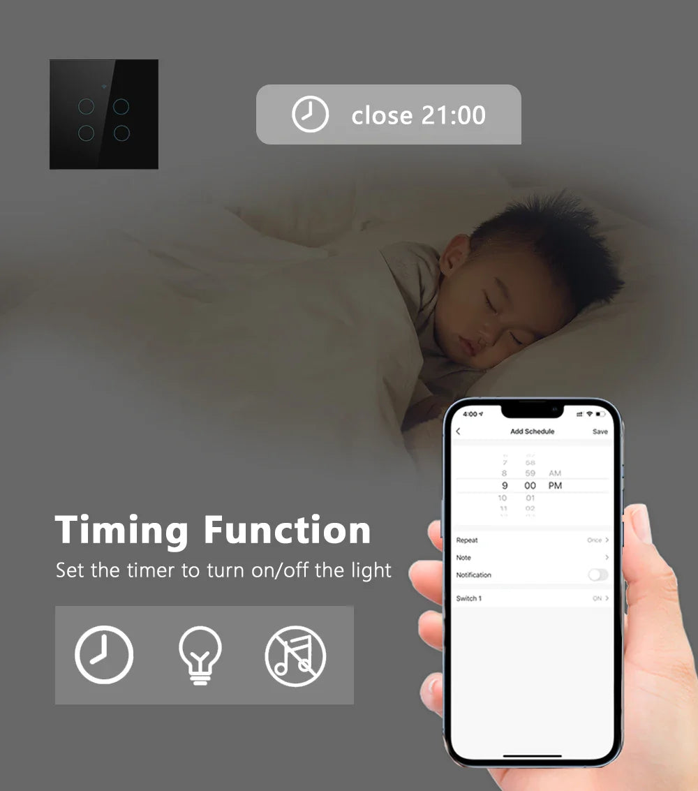 Tuya WiFi Smart Touch Light Switch - Wireless LED Control, No Neutral Wire Required, 1-4 Gang, Compatible with Alexa and Google Home