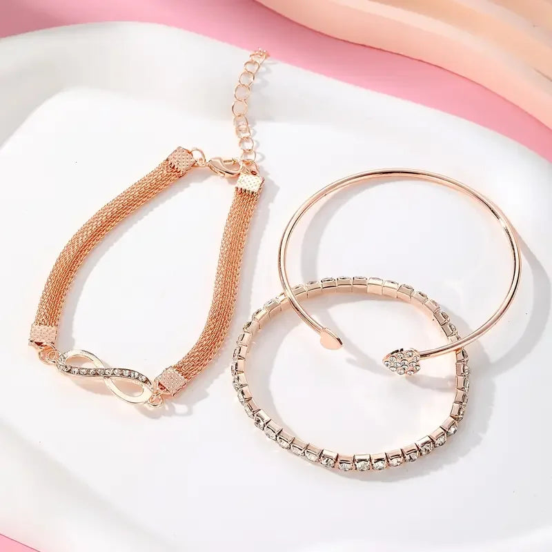3PCS Vintage Crystal Rhinestone Heart Bracelet Set – Adjustable Infinity Cuff Bangles for Women Fashion Jewelry Gift