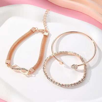 3PCS Vintage Crystal Rhinestone Heart Bracelet Set – Adjustable Infinity Cuff Bangles for Women Fashion Jewelry Gift