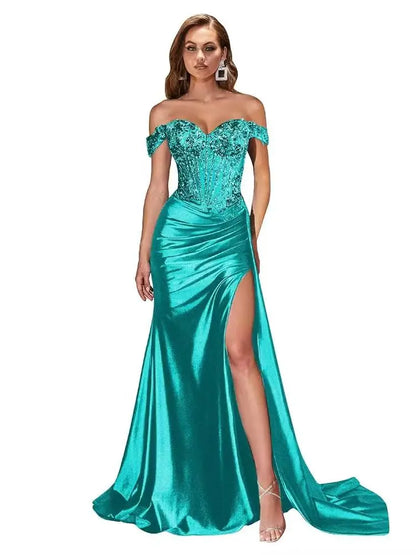 Women’s Dark Navy Off-Shoulder Prom Dress — Sweetheart Beaded Lace Corset Evening Gown with High Side Slit 2025