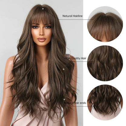 Brown Long Wavy Wig for Women with Bangs — Natural-Look Synthetic Hair, Heat-Resistant for Daily & Cosplay
