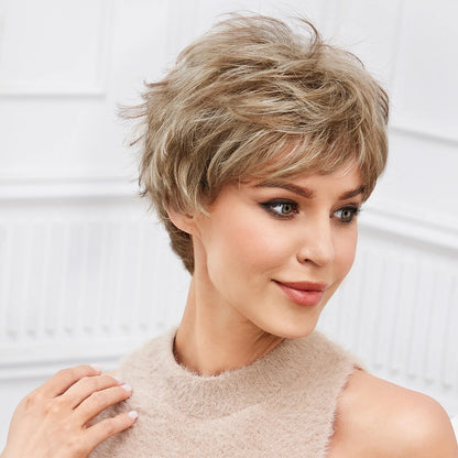 Light Blonde Mixed Off-White Pixie Cut Wig for Women – Bangs with Kanekalon Human-Hair-Like Texture, Natural Layered Hair