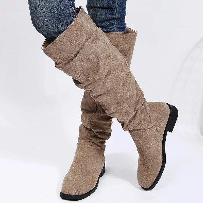 Women's Knee-High Winter Boots – Solid Color, Round Toe, Square Heel, Plus Size