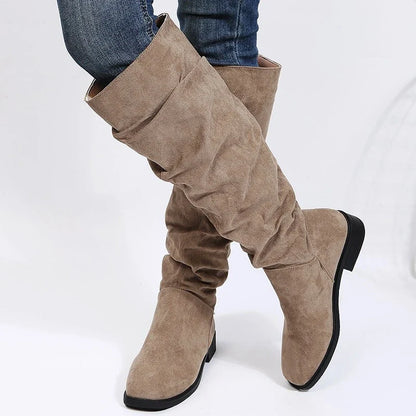 Women's Knee-High Winter Boots – Solid Color, Round Toe, Square Heel, Plus Size