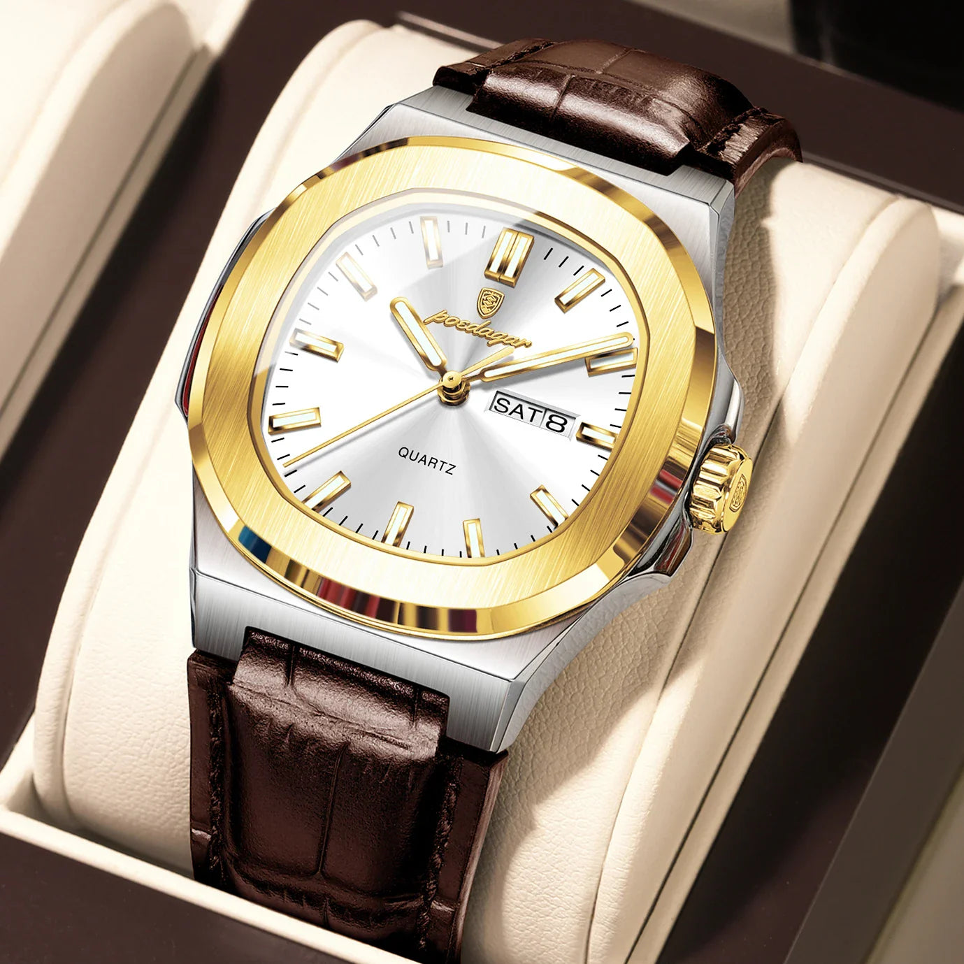 POEDAGAR Luxury Men’s Square Quartz Watch – Luminous Waterproof Leather Strap with Week Calendar