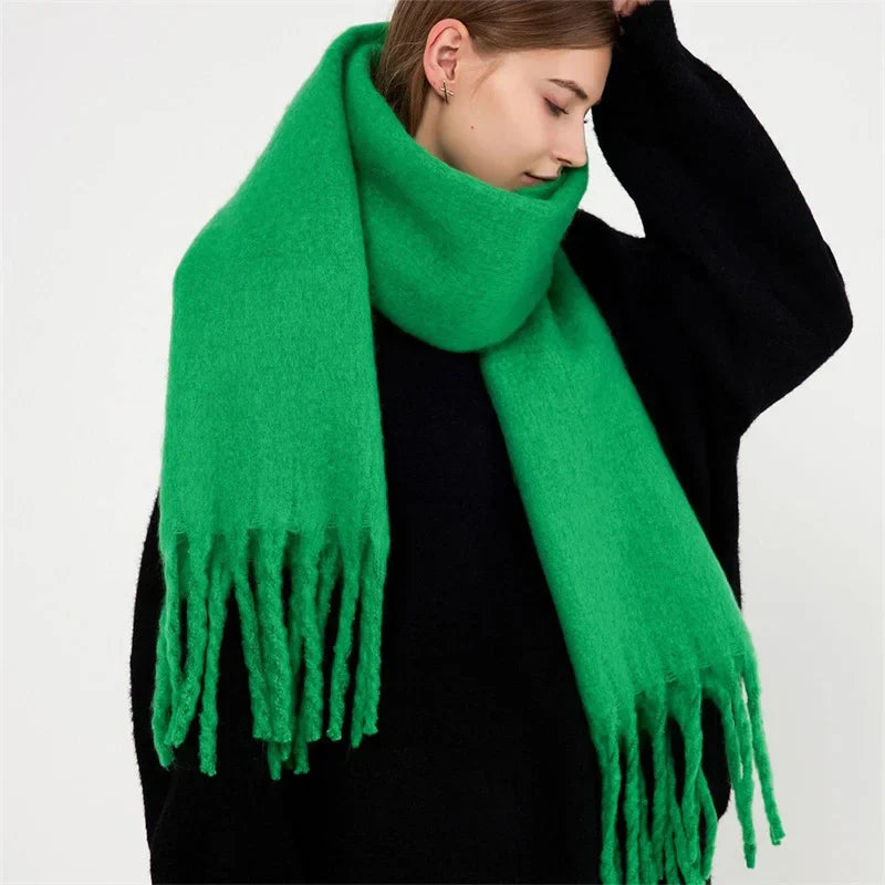 Luxury Cashmere Scarf for Women - Thickened Warm Shawl with Classic Tassels, Soft Solid Color Wrap for Autumn and Winter