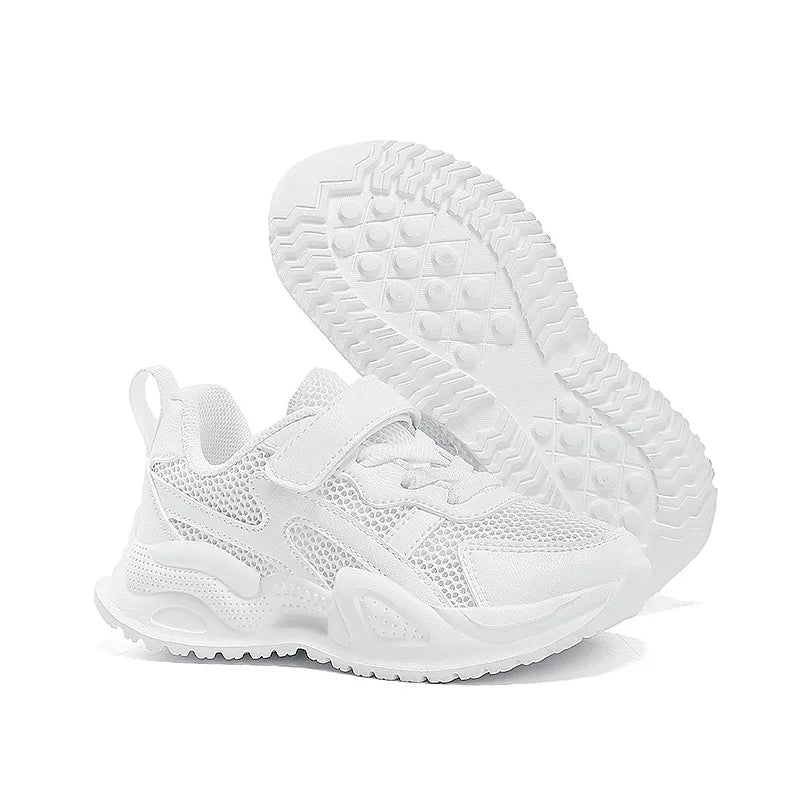 White Kids Leather Casual Shoes — Boys & Girls Outdoor Running Sneakers, Breathable Mesh, Non-Slip School Walking Sport Shoes