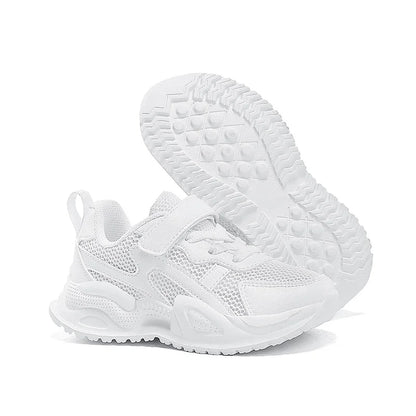 White Kids Leather Casual Shoes — Boys & Girls Outdoor Running Sneakers, Breathable Mesh, Non-Slip School Walking Sport Shoes