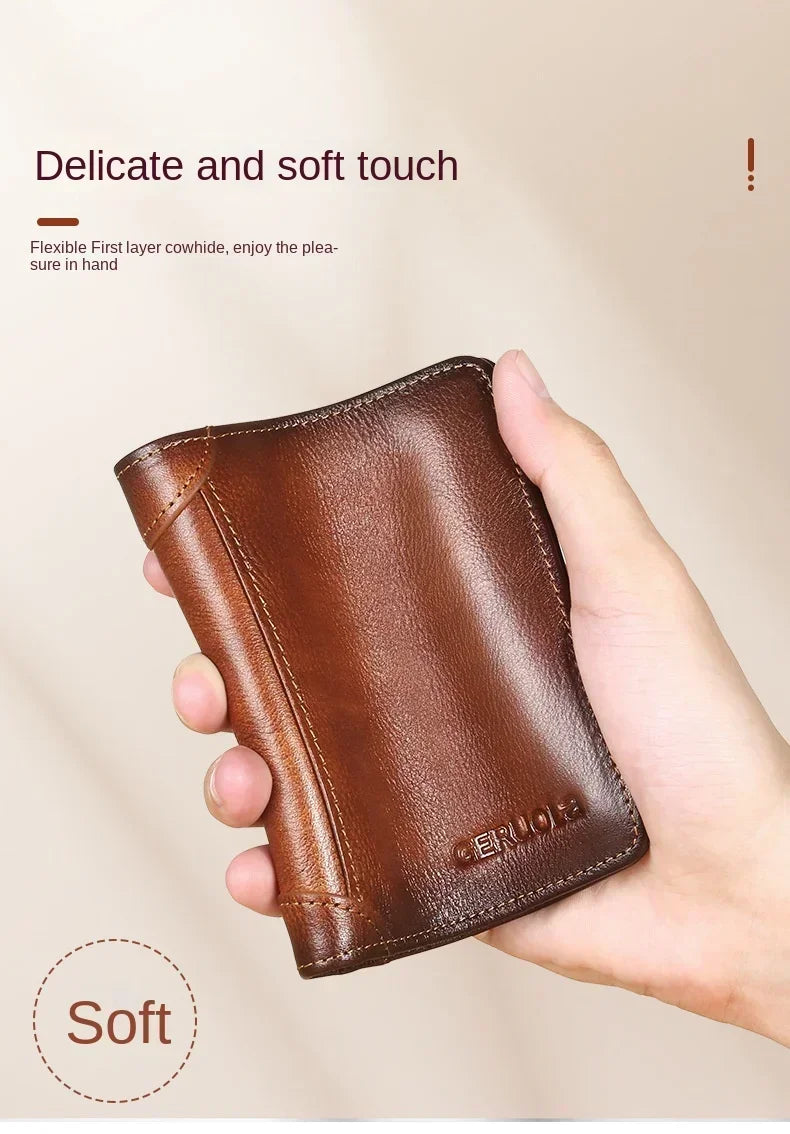 Genuine Leather Men’s Wallet – RFID Blocking Trifold, Vintage Thin ID & Credit Card Holder, Multi-Function Purse