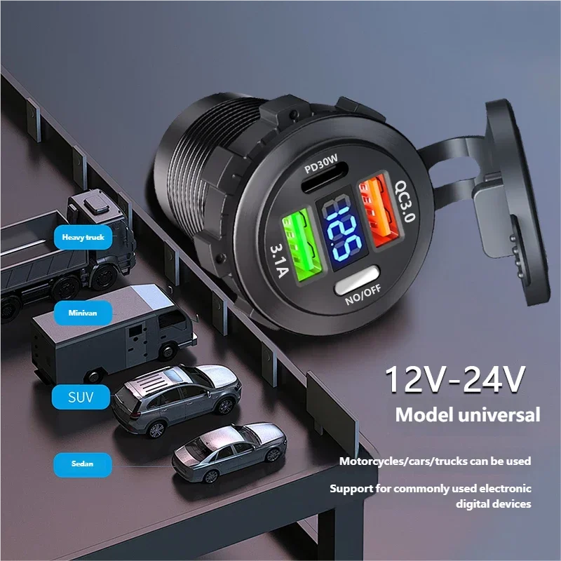 Car USB Fast Charger PD3.0 QC3.0 12/24V Socket with Voltmeter & On/Off Switch, Motorcycle Boat Auto Charging Adapter Accessory