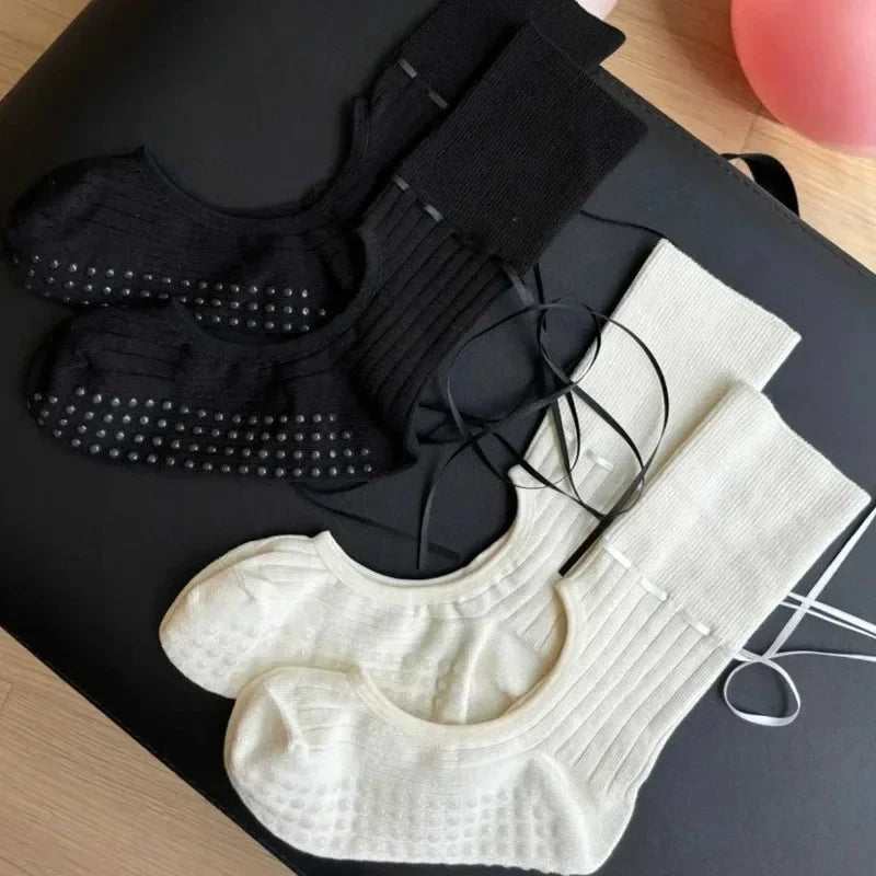 Elegant Mid-Calf Yoga Socks – Anti-Slip Backless Pilates & Dance Fitness Socks with Drawstring Bowknot Design