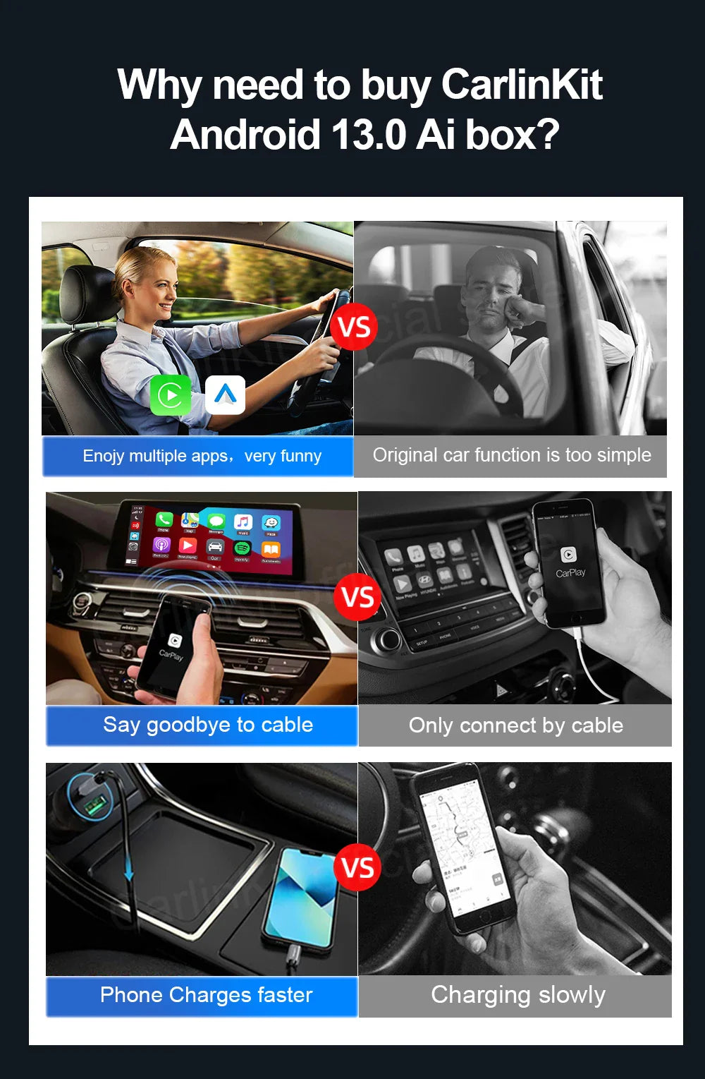 CarlinKit Android 13 AI TV Box – 8-Core Wireless CarPlay & Android Auto with Split Screen, 64G/128G for Netflix, YouTube, Play Store