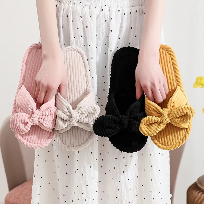 Women’s Corduroy Bow Slippers – Soft Casual Home Shoes, Silent Light EVA Anti-Slip Herringbone Slippers for Autumn & Winter