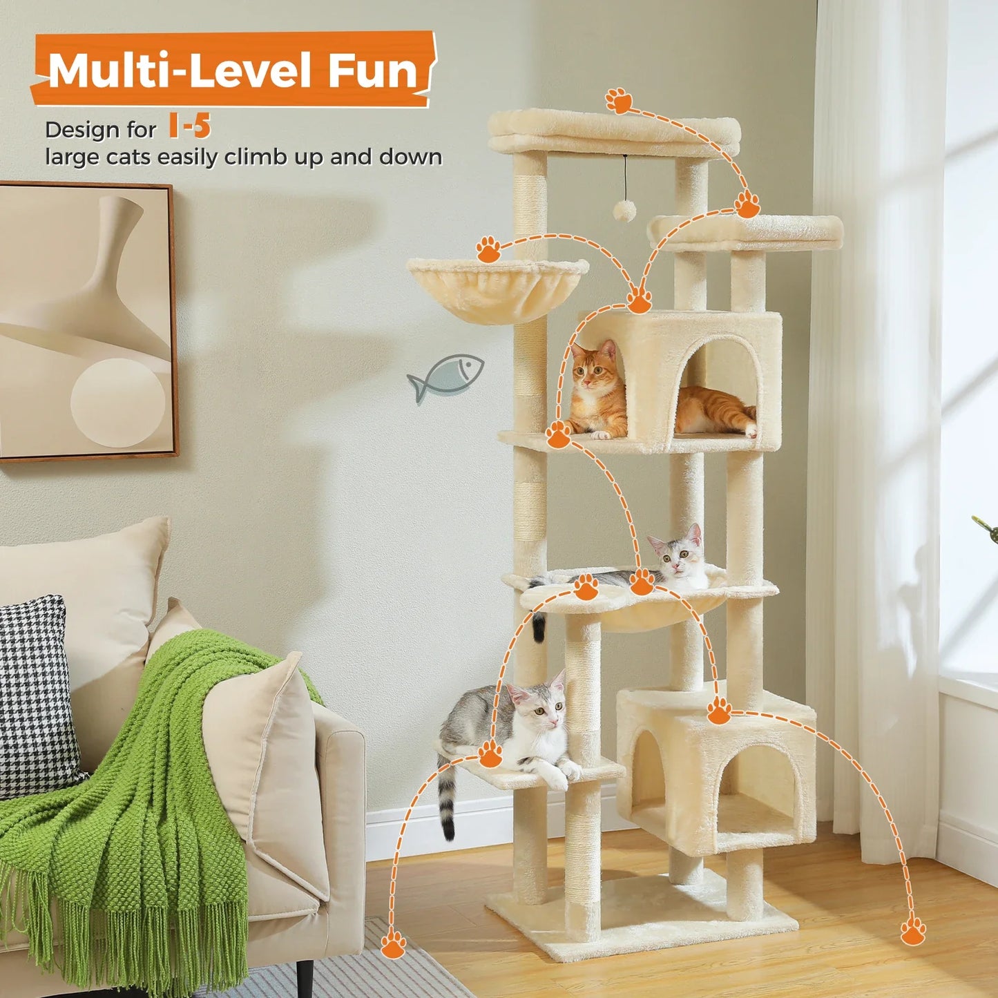 Large Cat Tree Tower – Multi-Level Plush Indoor Cat Condo with Scratching Posts, Boards, Perches & Caves