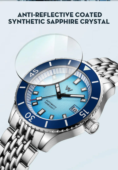 WM Welly Merck Automatic Mechanical Watch for Men — Sparkle Grain Gradient Dial, Ceramic Bezel, NH35, AR Coating, 100M WM212