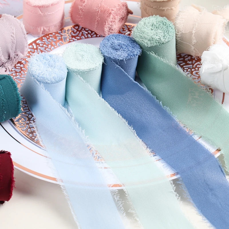5M Handmade Frayed Edged Satin Chiffon Silk Ribbon - For Wedding Invitations, Bouquets, Birthday Party Decorations, and Gifts