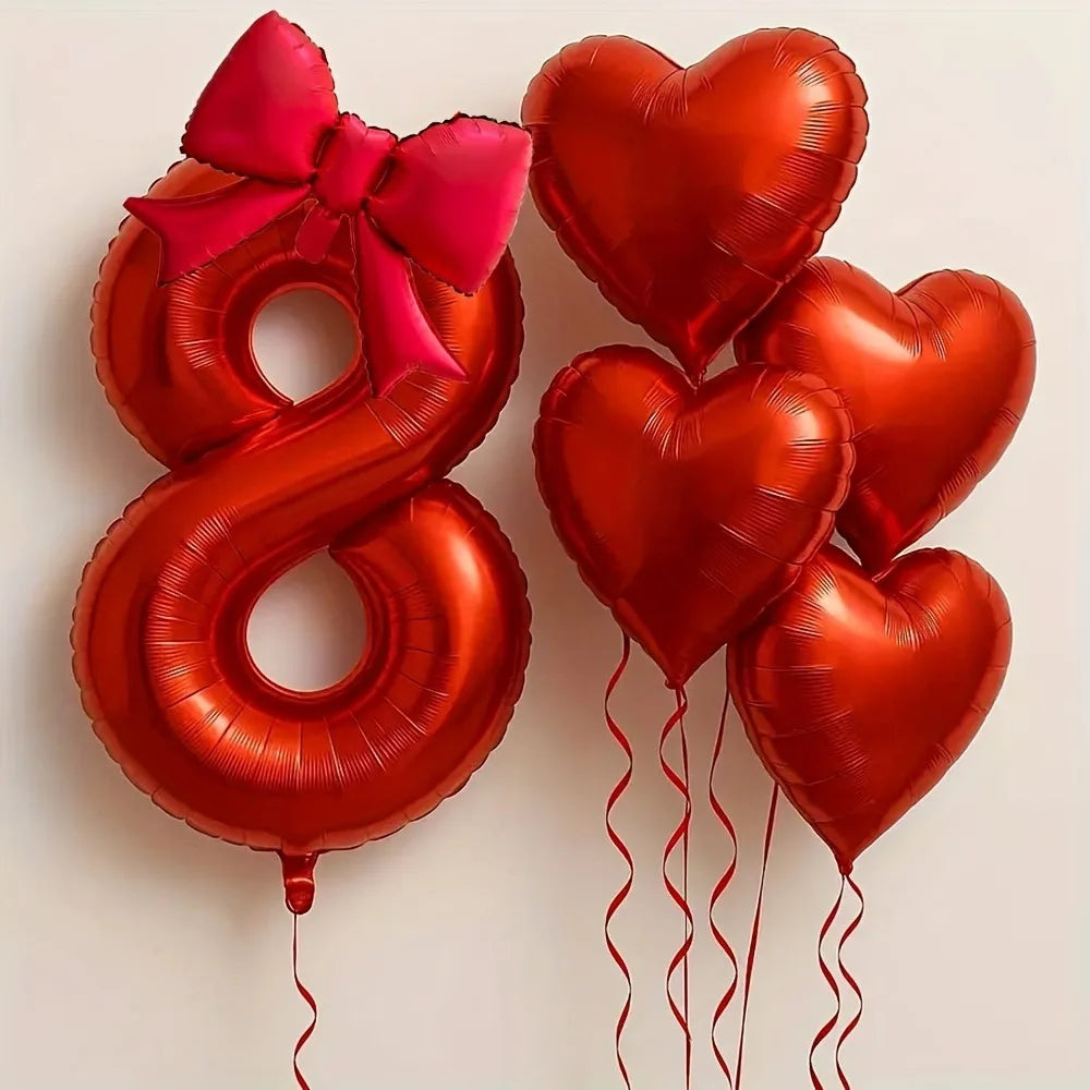 Red Heart Foil Balloons Set - 6PCS Birthday Wedding Anniversary Decoration with 32 Inch Numbers & Tassel Bows