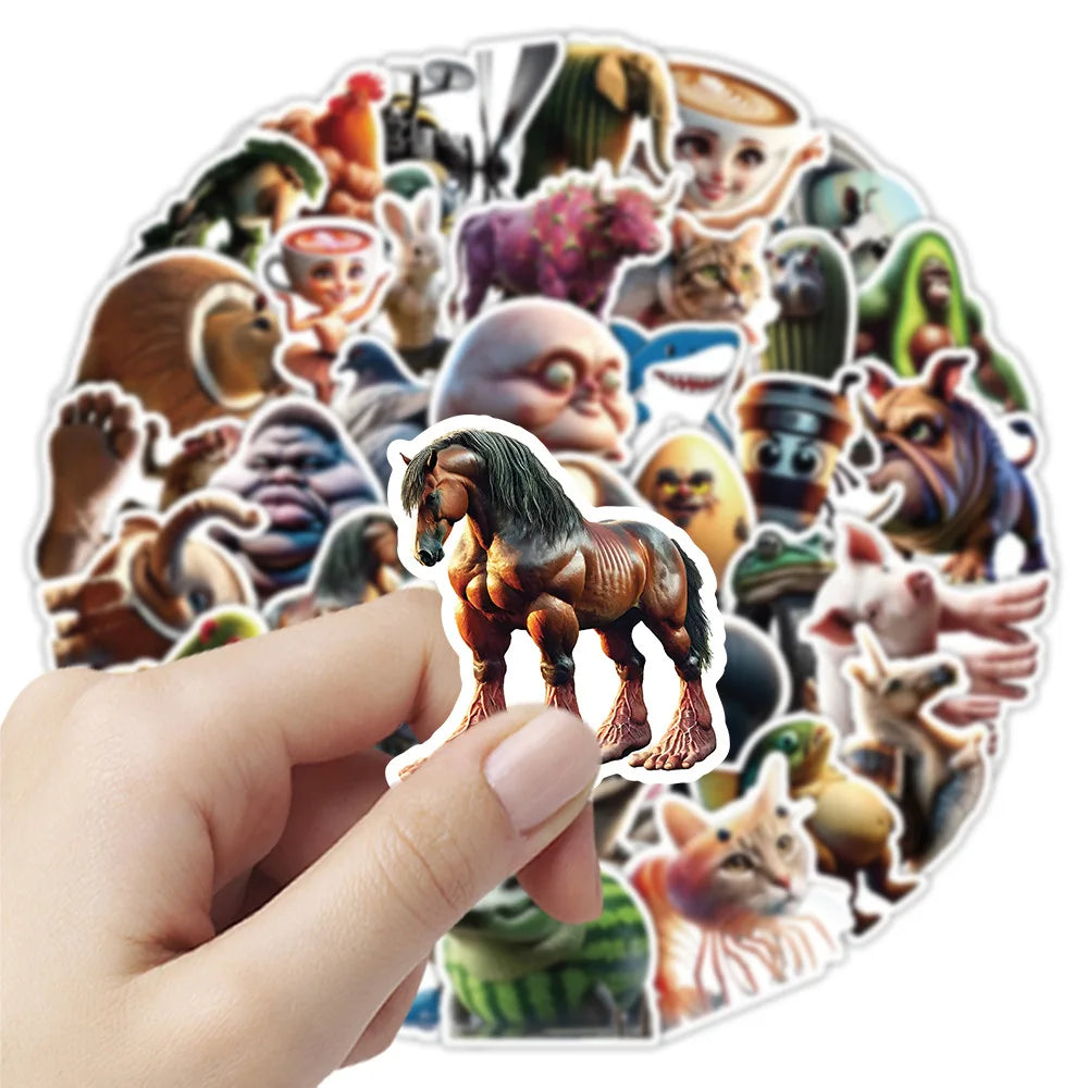 50Pcs Abstract Animal Stickers - Cartoon DIY Decals for Luggage, Phone, Cups, Guitar and More