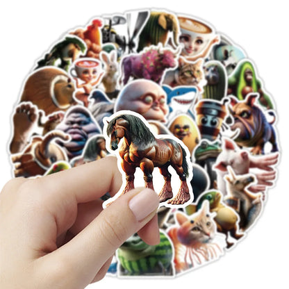 50Pcs Abstract Animal Stickers - Cartoon DIY Decals for Luggage, Phone, Cups, Guitar and More