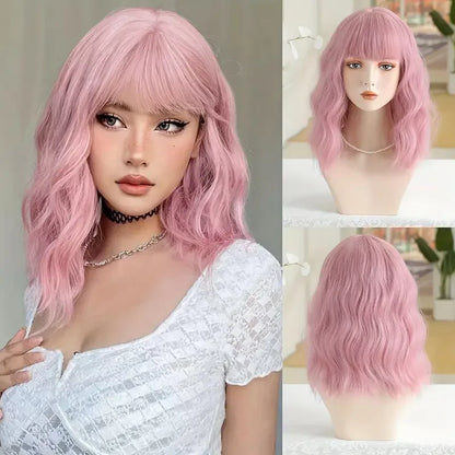 Short Wavy Green Synthetic Wig for Women – Green Cosplay Bob Wig with Bangs, Lolita Party Hair, Heat-Resistant Natural Fake Hair
