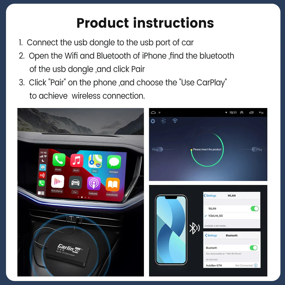 CarlinKit USB Wireless CarPlay Dongle - AI Box with Wired Android Auto, Mirrorlink Car Multimedia Player, Bluetooth Auto Connect