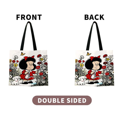 Vintage Cartoon Girl & Puppy Gardening Tote Bag – Cute Floral Watering Scene Canvas Shopper with Butterfly Design, Large Capacity Casual Handbag