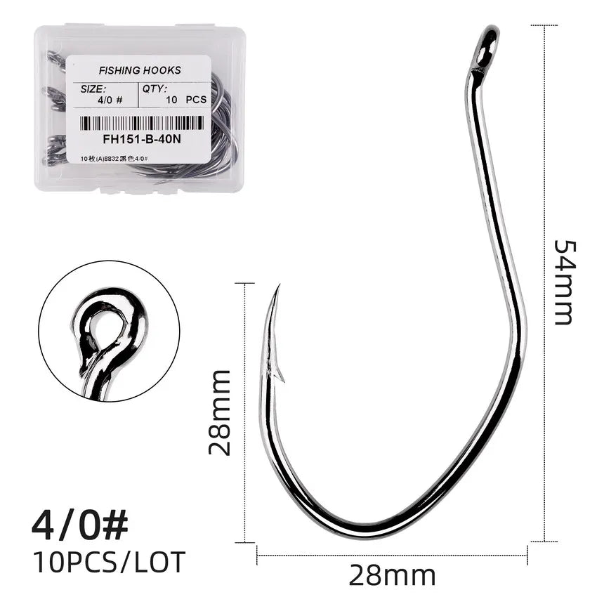 10pcs Catfish Fishing Hooks – High Carbon Steel Barbed Circle Hooks 6/0–10 V-Sharp Tackle