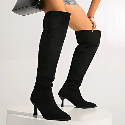 2025 Women’s Retro Black Suede Knee-High Boots – Pointed Toe, High Heel, Plus Size