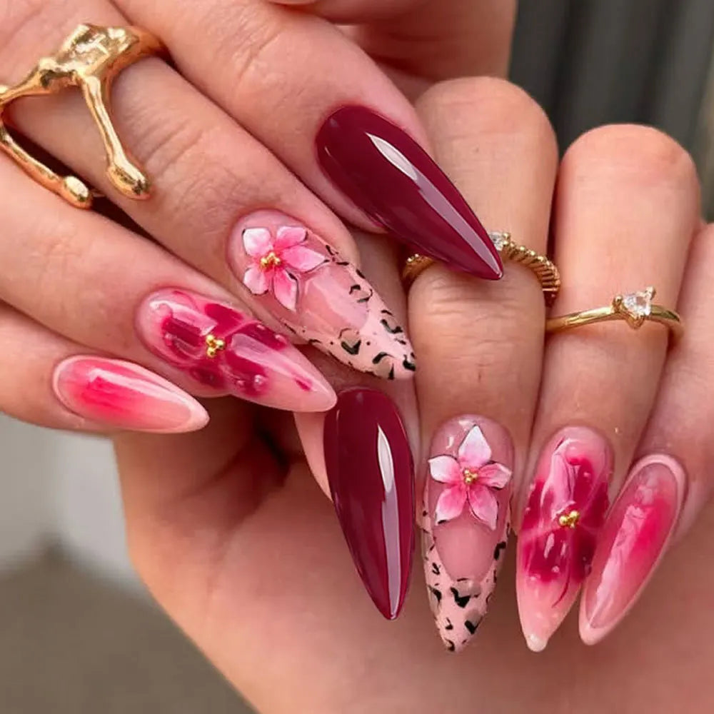 24PCS Strawberry Bow Press On Nails - Red Short Almond Pearl Starlight Floral False Nail Art Tips