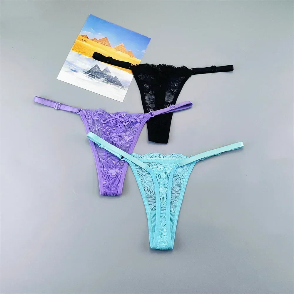 Women's Transparent Lace Thong Set - 3PCS Adjustable Low Waist Sexy T-Back Underwear