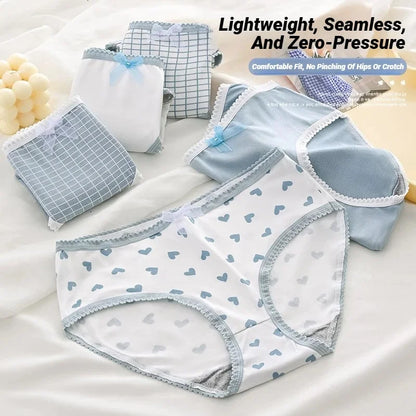 5 Pcs Women’s Soft Briefs Set - Heart Plaid Print Breathable Panties for Comfortable Everyday Intimates