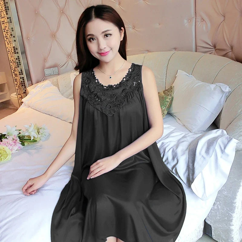 Lace Ice Silk Nightgown - Sleeveless Medium-Length Sleepwear Dress for Women