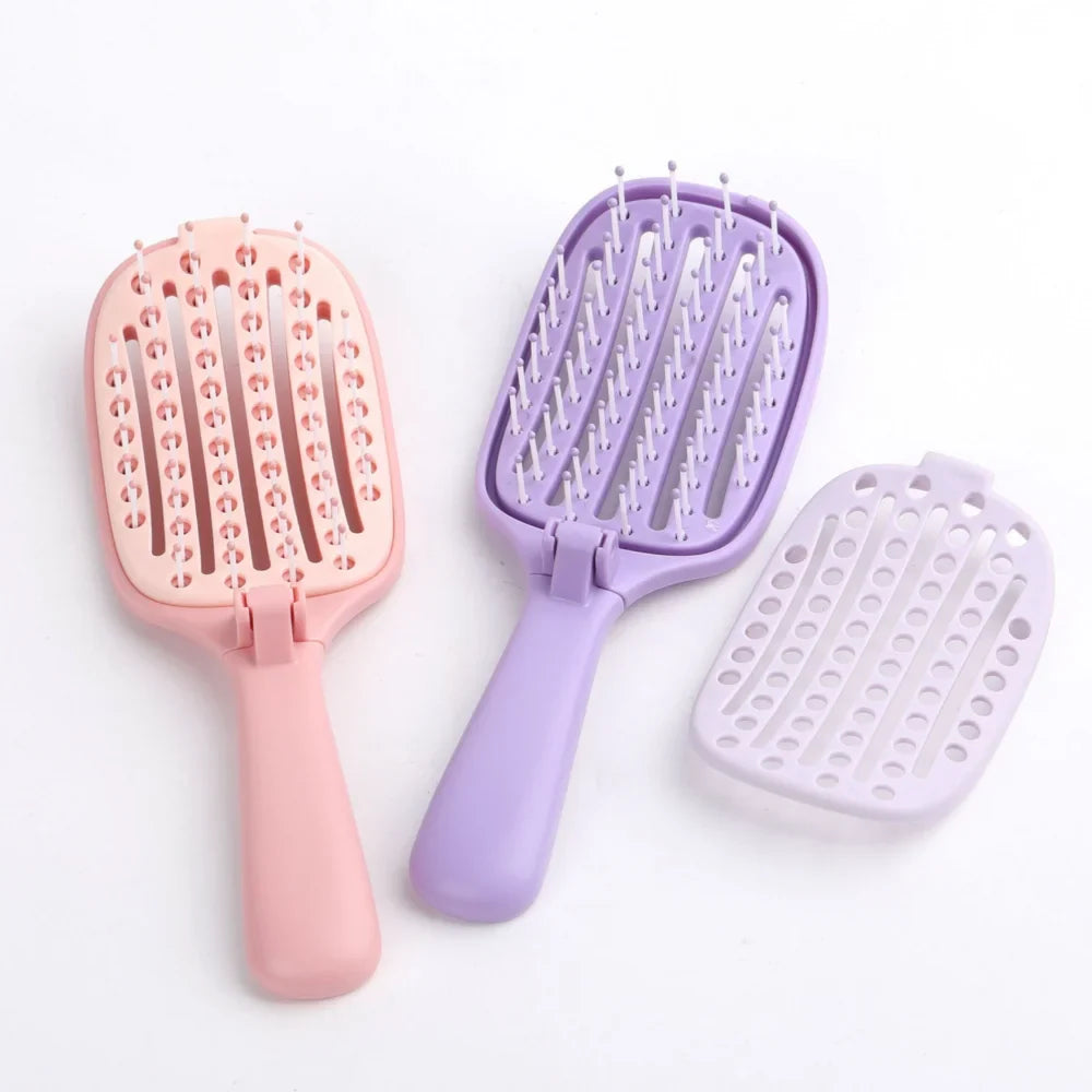 Self Cleaning Foldable Hair Brush with Anti-Static Massage Comb for Women and Home Salon Use