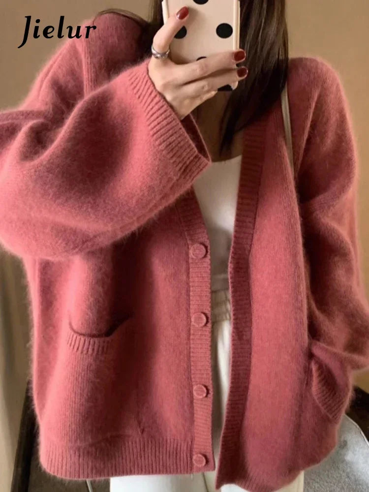 Korean Black V-Neck Knitted Cardigan – Single-Breasted Long Sleeve Loose Casual Women’s Sweater