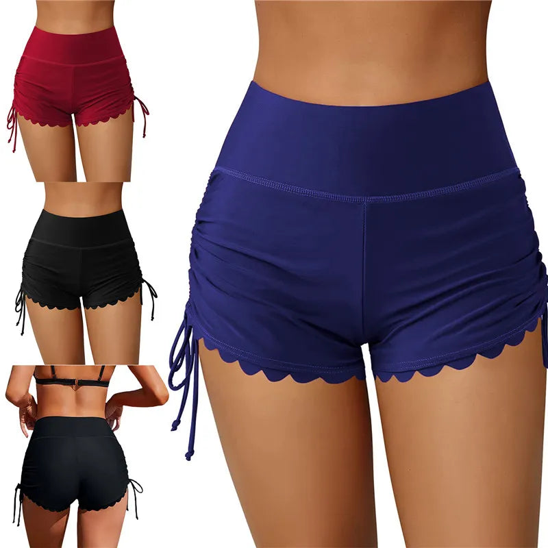 Stay Stylish by the Water with Women's High-Waist Drawstring Swim Shorts - Solid Color Summer Bathing and Surfing Bottoms for Beach-Ready Ladies
