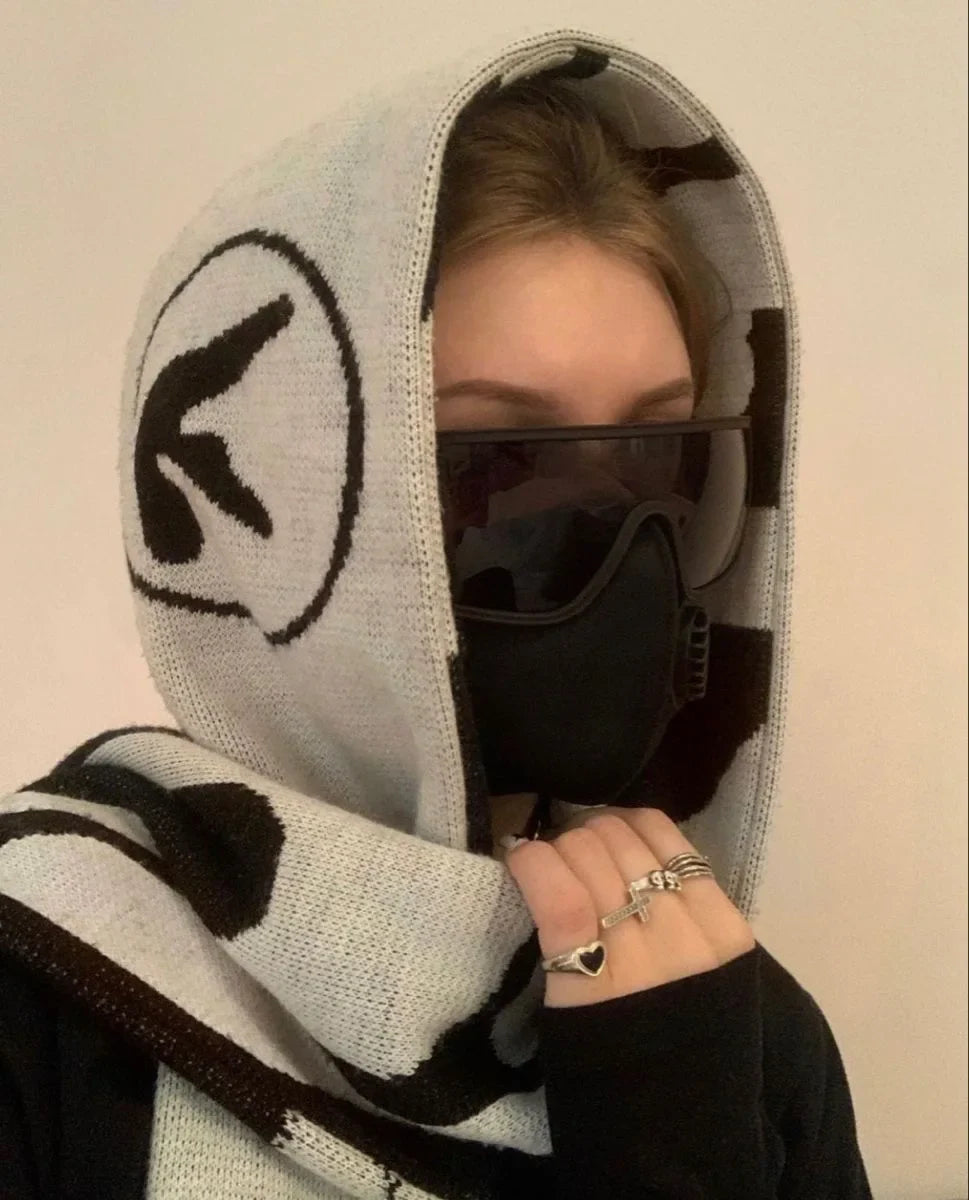 Men’s Y2K Black Knitted Scarf — Aphex Twin Goth Harajuku Streetwear Winter Shawl Unisex