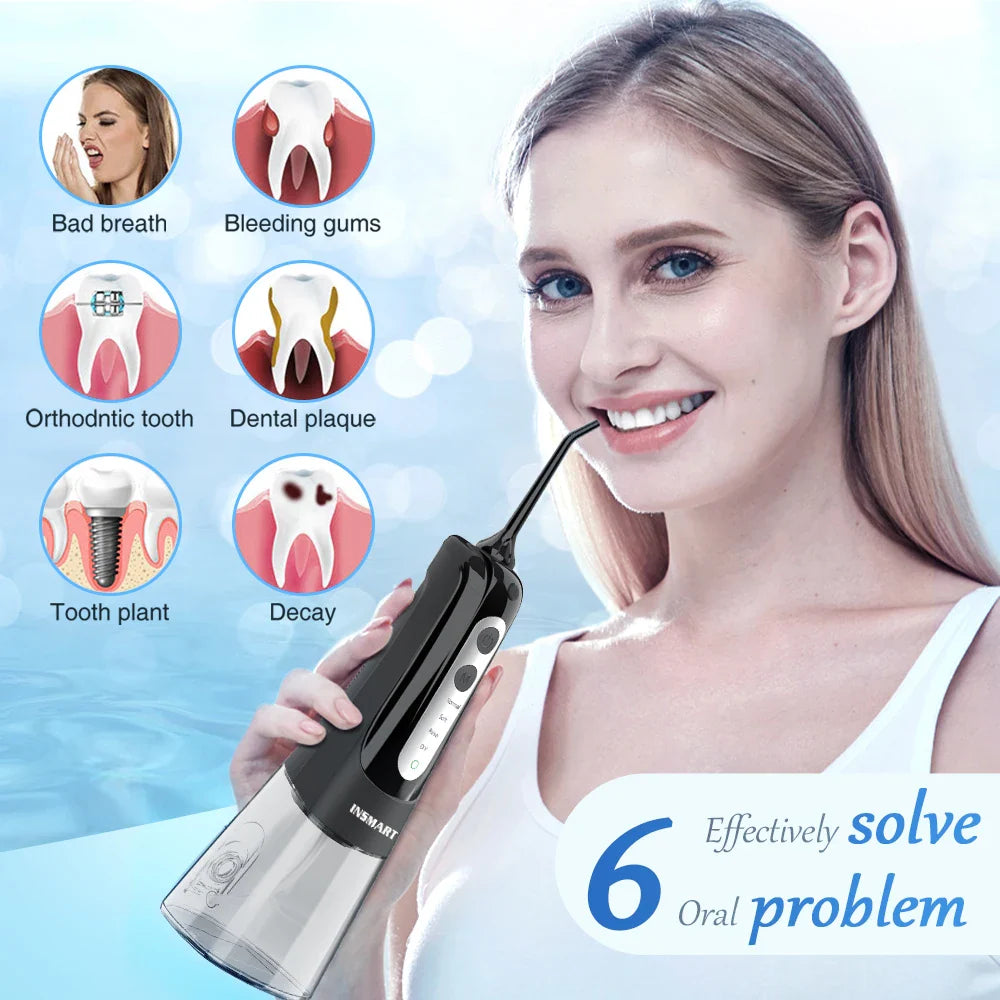 INSMART Portable Oral Irrigator – 300ml Waterproof Dental Water Flosser for Teeth Cleaning & Whitening