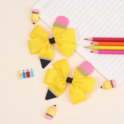 2Pcs Pencil Bow Hair Clips - Cute Kawaii Back to School Hairpins for Girls Kids