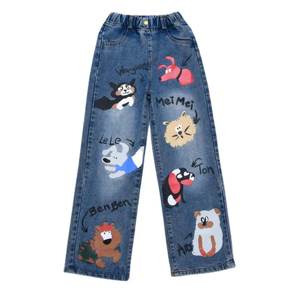 New 2024 Teenage Girls’ Blue Street Cartoon Jeans – Elastic Mid-Waist Loose Wide-Leg Denim Pants for Spring Fashion