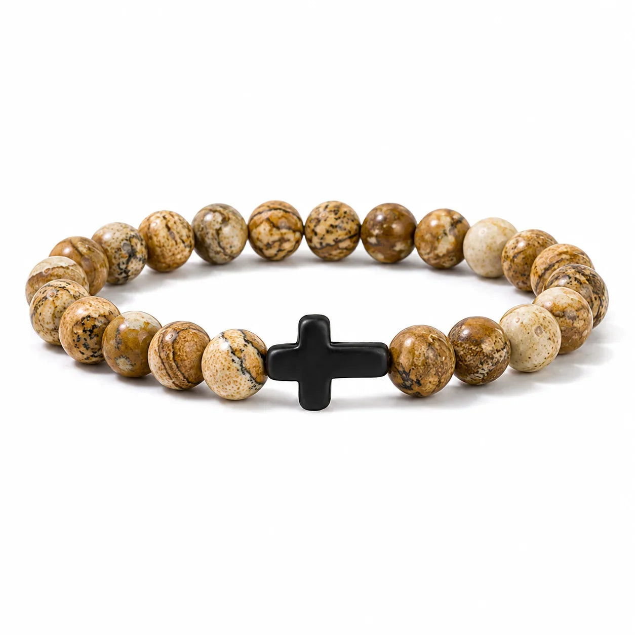 Natural Stone & Wood Bead Rosary Bracelet - Hematite Cross Meditation & Yoga Jewelry for Men & Women