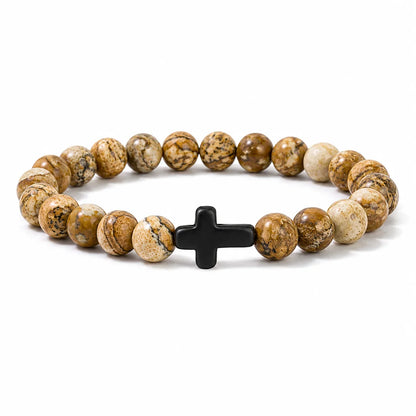 Natural Stone & Wood Bead Rosary Bracelet - Hematite Cross Meditation & Yoga Jewelry for Men & Women