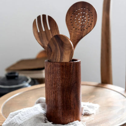Wood Kitchenware Cooking Set – Spatula, Salad Spoon, Fork & Stirring Spoons with Storage Bucket for Kitchen & Baking