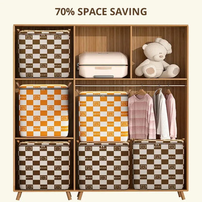Portable Large Capacity Quilt Storage Bag - Cute Bear Plaid Pattern Clothes Organizer for Home Moving