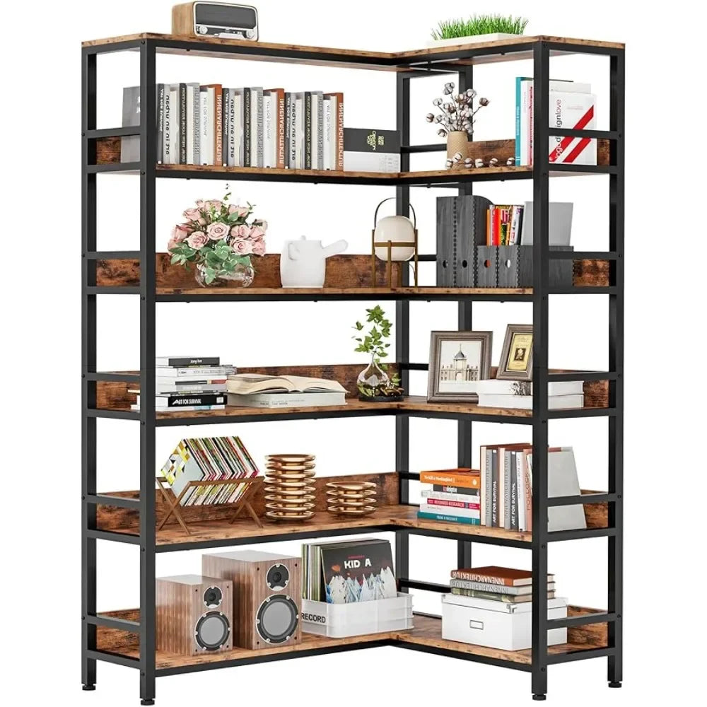 6 Tier Industrial Corner Bookshelves with Baffles - Metal Frame Shelf Storage Rack for Living Room & Home Office