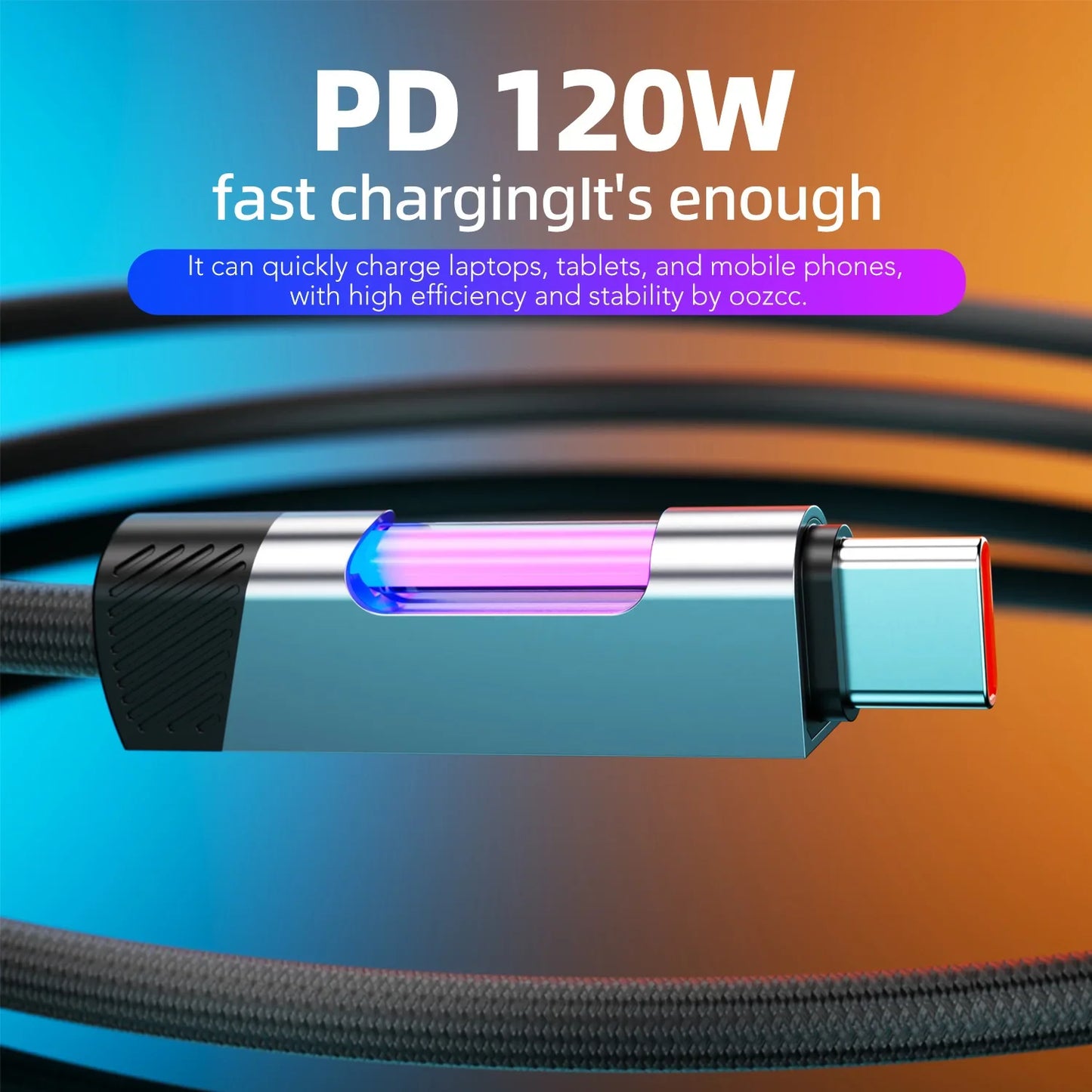 RGB Fast Charging Cable 120W 6A – USB Type-C Charge Cord with Ambient RGB Light