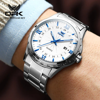 OPK Men's Quartz Watch — Steel Belt Dual Calendar Wristwatch Model 6003