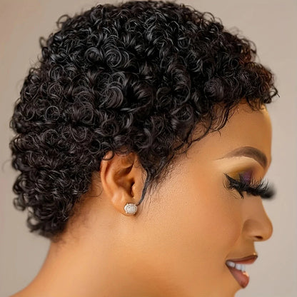 99J Short Curly Human Hair Wig - Full Machine-Made Kinky Curly Wig for Women